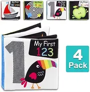 Baby First Soft Activity Cloth Book Set, High Contrast Black and White Interactive Crinkle Soft Book Bundle for Infant, Baby Early Education for Brain Development with Numbers, Words, Shapes, Colors