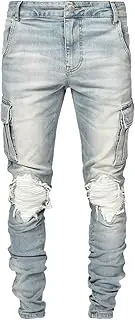 [Maiyifu-GJ] Men's Ripped Moto Biker Jeans Motorcycle Multi Pockets Denim Pants Distressed Skinny Holes Hip Hop Stretch Jean
