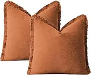 Pack of 2 Cotton Linen Pillow Covers - Decorative Farmhouse Boho Cushion Covers With Fringe for Bed Living Room - Plain Square 50x50cm Orange