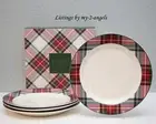 NEW Pottery Barn STEWART PLAID STONEWARE DINNER PLATES SET OF 4 WHITE christmas