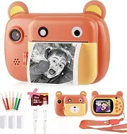 [HYPERY] Instant Print Camera for Kids - Dual Lens 1080P HD, 2.4 Inch, 1000 mAh, 3 Rolls Print Paper, Brown Bearbrick Pattern, Ages 3-12