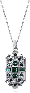 Geometric Art Deco Vintage Antique Flapper Gatsby Retro Style Dark Hunter Green Emerald Rhinestone 19" inch Silver Tone Chain Pendant Necklace, rhinestone crystal, Rhinestone