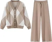 [Zadaos] Women V Neck Knit Cardigan +Wide Leg Pants Set Sweater Tracksuit Spring Fall Outwear 2piece
