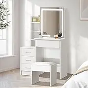 Oikiture Dressing Table with Mirror and Stool Lighted Makeup Mirror with Touch Control 4 Drewers and 4 Open Shelves White