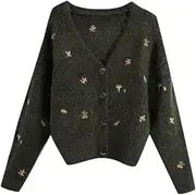 [Generic] Women's Retro Embroidered Single Breasted Knitted Cardigan Long Sleeved V-Neck Ribbed Casual Loose Sweater Cardigan