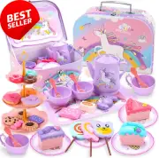 45PCS Unicorn Tea Set, Pretend Play, Teapot, Dessert, Carrying Case