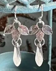 Etched Silver Leaf and Teardrop Dangle Earrings.