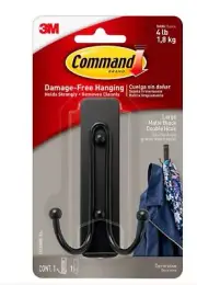 New ! Command Large Double Hook, Matte Black, 1 Hook, 1 Strip/Pack (17036MB-ES)