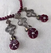 Vintage Natural Ruby Carved Diamond Gold Silver Victorian Pendant Earring Set