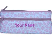 New Personalised Pink Leopard Print Zip Medium Double Zip Pencil Case 15 x 32cm