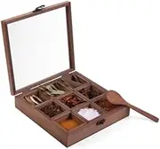 Wooden Spice Rack Organiser and Masala Dabba Style Spice Storage Box with Lid. 9 Compartments With a Glass Lid