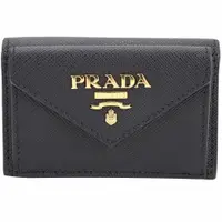 在飛比找PChome24h購物優惠-PRADA Saffiano 金字母防刮牛皮三折釦式迷你短夾