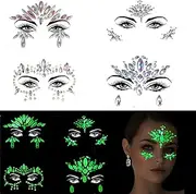 FLAFARY Crystals Face Gems Glitter Jewels, 4 PCS Glow In The Dark Temporary Tattoos, Face Jewels for Women Make-up, Eyes Body Paint Stickers for Halloween Carnival Festival Party (Style B)