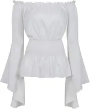 Womens Victorian Long Sleeve Boho Blouse Top Plus Size Renaissance Shirt Gothic Ruffle Pirate Skirt Cosplay Costumes - White - Medium