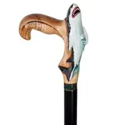 Shark Wooden Cane Walking Stick Solid Wood Carved Fish Cane, Handpainted Sea