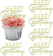 6 Pieces Mirror Acrylic Happy Birthday Cupcake Toppers, Mini Cake Toppers Birthday Supplies Decorations (Golden)