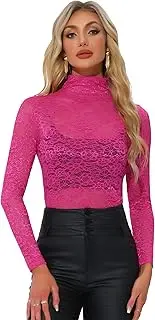 [Allegra K] Women's Long Sleeve Mock Neck Sheer Floral Lace Blouse Top
