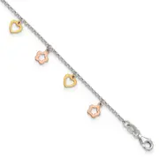 Sterling Silver Gold And Rose-Tone Heart Flower 9In Plus 1In Ext. Anklet