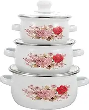 Luxshiny 3pcs Enamel Stock Pot With Lid - Retro Floral Cooking Stew Bean Simmer Pot - Vintage Soup With Handles - Nonstick Cookware for Induction Cookers Gas Stove - Random Pattern