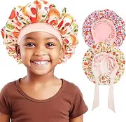[Lolalet] 2 PCS Kids Bonnets for Girls, Silk Bonnet for Sleeping Reversible Satin Hat with Wide Elastic Band Night Sleep Caps for Teens Child Girls Curls Braids Natural Hair -Fruit/Flower