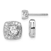 Sterling Silver Rh-Plated 5mm Round Cz Post W/ Square Jackets Earrings