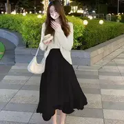 Elastic Waist Plain Sheer Midi A-Line Skirt Black - L