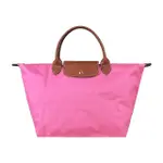 【LONGCHAMP】LONGCHAMP LE PLIAGE經典壓印LOGO尼龍摺疊短提把拉鍊手提包(中/牡丹粉紅)