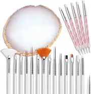 AUOCATTAIL Nail Art Design Tools - 15pcs Painting Brushes Set with 5pcs 2-way Dotting Pens & Gold-rimmed Resin Palette, White