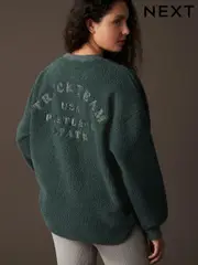 Teal Blue City Graphic Print Relaxed Fit Teddy Borg Fleece Cord Back Longline Crew Neck Sweatshirt (B78661) | $64