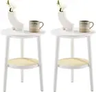 round Side Table Set of 2, White Rattan Nightstand Bedside Table With