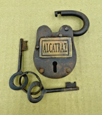 Small Padlock Tag says Alcatraz Rustic Antique Finish Steel Lock w/ 2 Keys