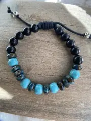 Turquoise & Natural Jasper 10mm Beaded Bracelet, Adjustable Cord Bracelet