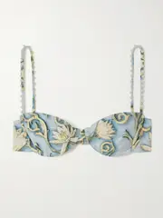 [Agua by Agua Bendita] Agua by Agua Bendita - Magdalena Soledad Faux Pearl-embellished Floral-print Recycled Underwired Bikini Top - Blue - medium medium Blue