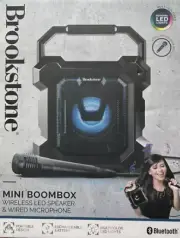 Brookstone Portable Bluetooth Mini Boombox Wireless LED Speaker Wired Microphone