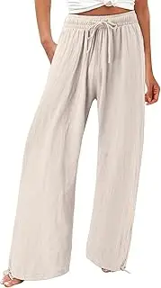 [Generic] Wide Leg Linen Pants for Women Summer Drawstring High Waist Casual Pants Flowy Comfy Soft Beach Trousers Pocket 2025