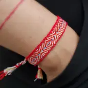 Red Woven Bracelet, Boho Hippie Bracelet, Finely Woven Textile, Friendship