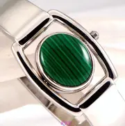 Deco Vintage Silver Green Malachite, Agate Fob, Spinner Flip Ladies Bangle Watch