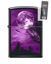 Zippo 82236 wolf howling at moon purple bats night Lighter + FLINT PACK