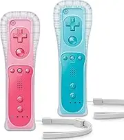 TIANHOO Wii Controller 2 Pack, Wii Remote Controller, with Silicone Case and Wrist Strap, Remote Controller for Wii/Wii U, Pink & Blue