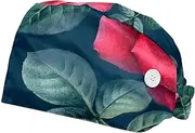 [WOSHJIUK] Working Hat 2 Pack Scrub Caps for Women,Rose Flowers,Tie Back Cap Adjustable Scrub Hat