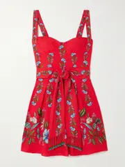 [Farm Rio] Farm Rio - Sweet Bloom Bouquet Belted Floral-print Linen And Lenzing™ Ecovero™-blend Mini Dress - Red - small small Red
