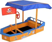 Keezi Kids Sandpit, Wooden Water Table Sand Pit Play Toys Sandcastle Garden Patio Beach Activity Outdoor Toy Games, with Canopy Ground Sheet Steering Wheel Multi-Coloured
