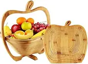 Foldable Apples Shaped Basket, 30 * 27 * 22.5cm, Dried Fruit Gift Basket, Folding Bamboo Fruit Bowl, Stand Baskets and Wooden Fruit Bowl, For Camping, Home, And Party, Natural Brown