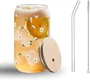 BUZCOZY Daisy 16 oz Glass Cups with Lids and Straws, Iced Coffee Cup,Cute Mugs, Birthday Gifts for Women, Coffee Lovers, Friends,Mom (Daisy-1)