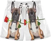 [RPLIFE] Swim Shorts for Boys, Big Boys Swim Trunks 2t, Cute French Bulldog Red Rose
