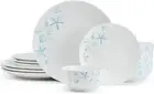 12 Piece Dinnerware Set For 4 Porcelain Dishes Plates Bowls White Blue Sea Coast