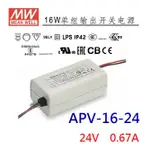 【原廠貨附發票】APV-16-24 24V 0.67A 明緯 MW-LED 變壓器 IP42  原廠貨~全方位電料