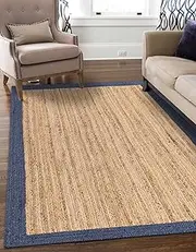 [Aizza Trends] Indian Handmade Braided Navy Blue Border with Inner Natural Jute Area Rug- Jute Rug- Dining Room- Living Room Size - 8 x 10 Feet (240 cm x 300 cm)