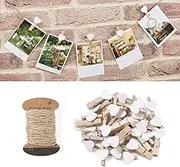 Pandahall 100pcs White Heart Clothespins Wooden Photo Paper Peg Pin Graft Clips with 10.9 Yards Natural Jute Twine for Paper Photo Display Hanging Home Party Decoration