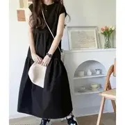 Cap-Sleeve Band Collar Button Midi A-Line Dress Plain - Black - One Size